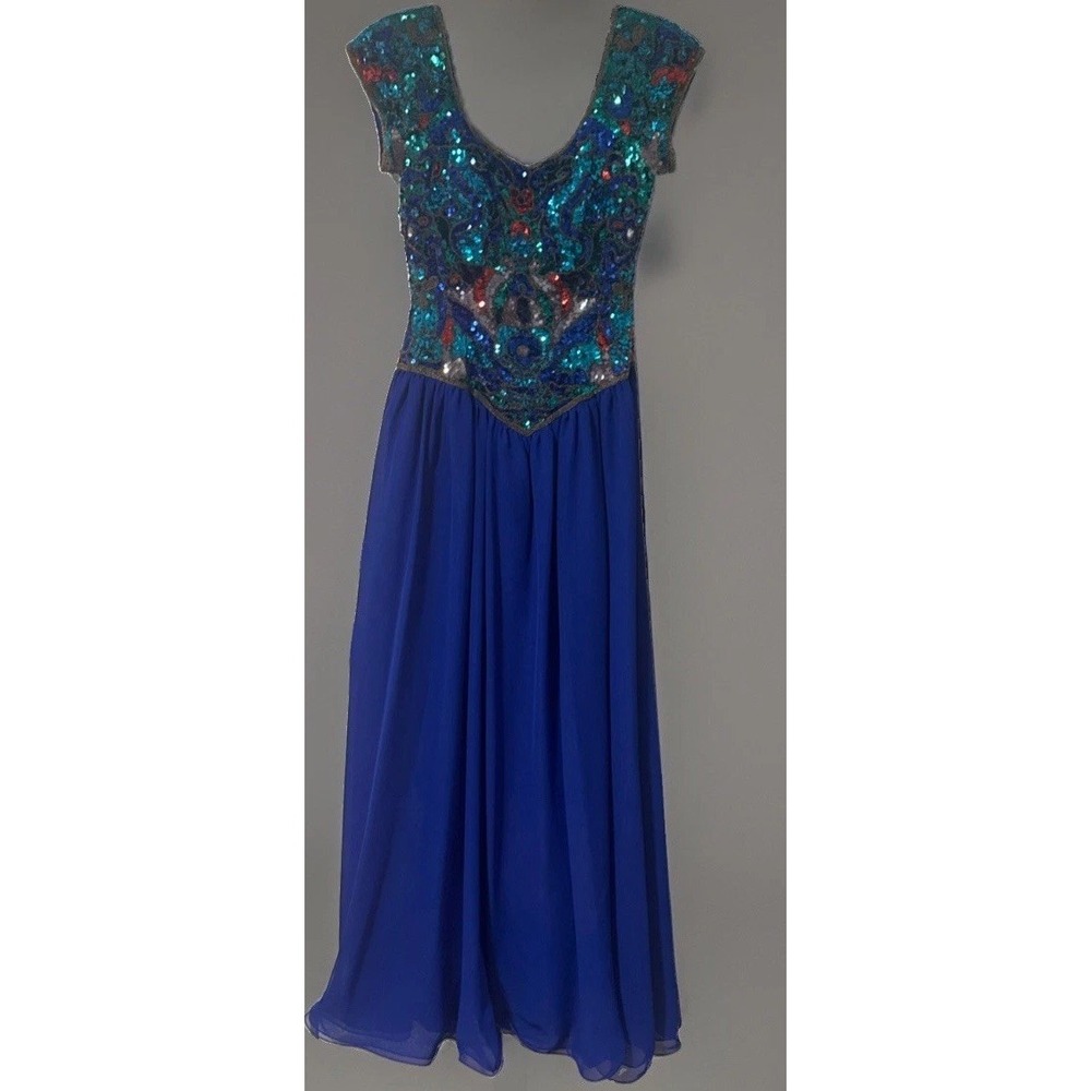 Vintage Alyce Designs Royal Blue Sequin & Chiffon Formal Evening Gown Size 6 EUC
